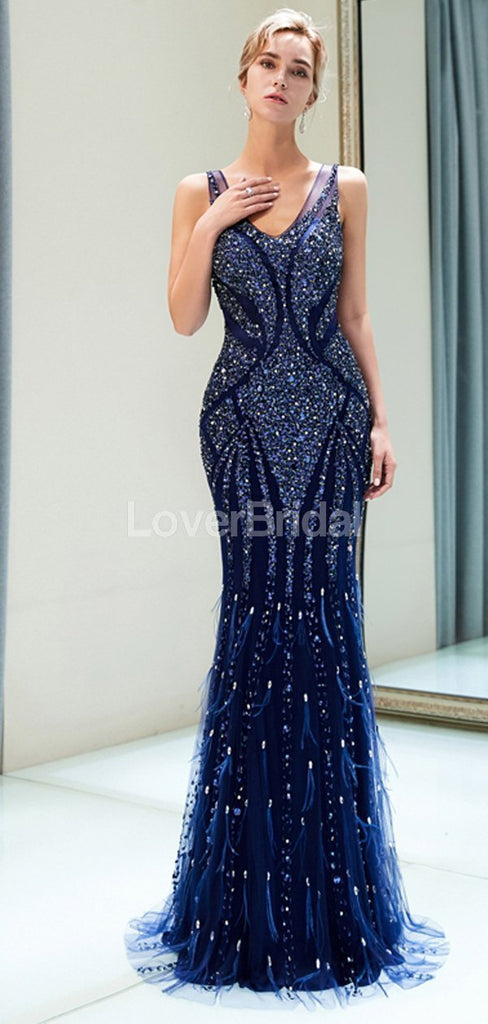 V Neck Navy Sparkly Heavily Beaded Mermaid Evening Prom Dresses, Evening Party Prom Dresses, 12036