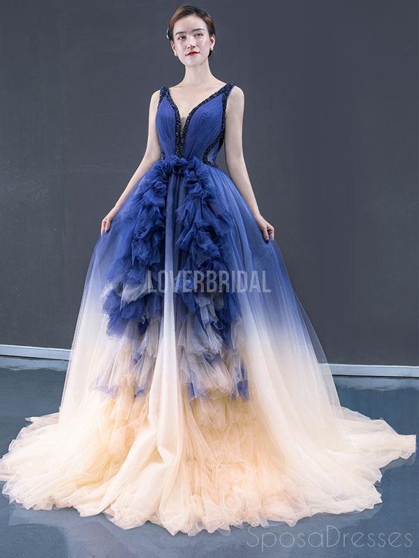 V Neck Ombre A-line Cheap Long Evening Prom Dresses, Evening Party Prom Dresses, 12249