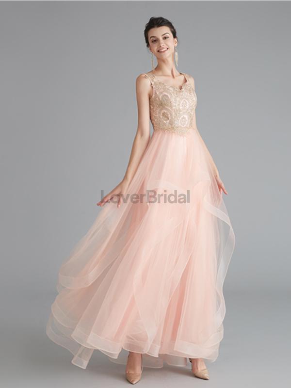 V Neck Peach A-line Gold Bodice Evening Prom Dresses, Evening Party Prom Dresses, 12120