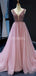 V Neck Peach Rhinestone Beaded Long Evening Prom Dresses, Evening Party Prom Dresses, 12242