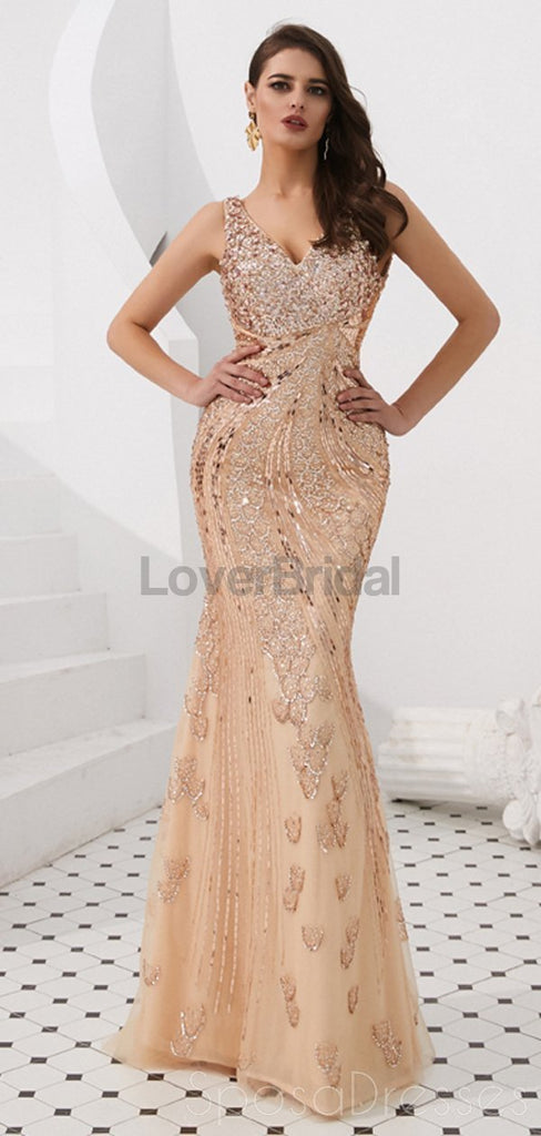 V Neck Rose Gold Heavily Beaded Mermaid Evening Prom Dresses, Evening Party Prom Dresses, 12095