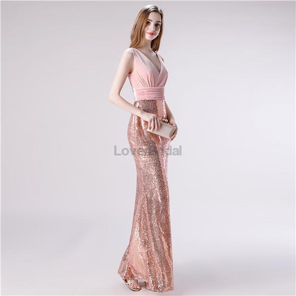 V Neck Rose Gold Sequin Mermaid Evening Prom Dresses, Evening Party Prom Dresses, 12113