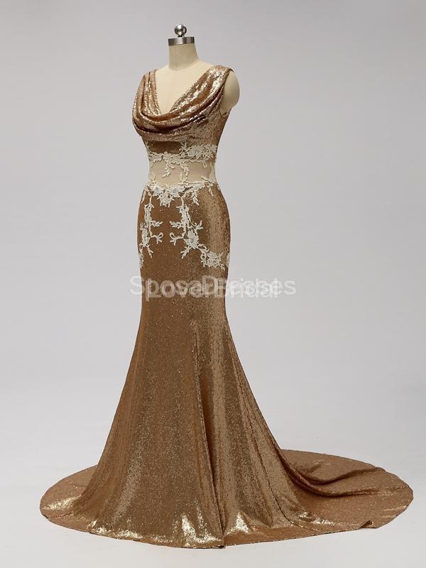 V Neck See Through Gold Sequin Mermaid Cheap Bridesmaid Dresses Online, WG599