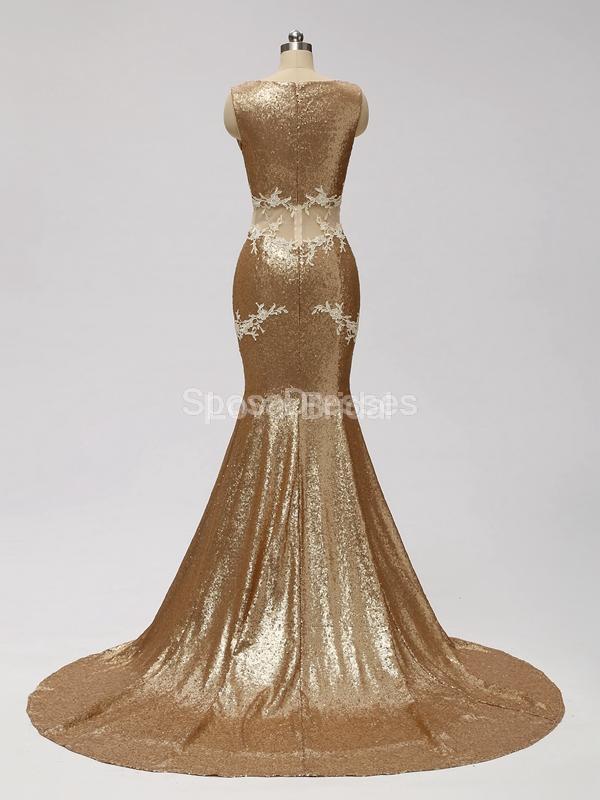 V Neck See Through Gold Sequin Mermaid Cheap Bridesmaid Dresses Online, WG599