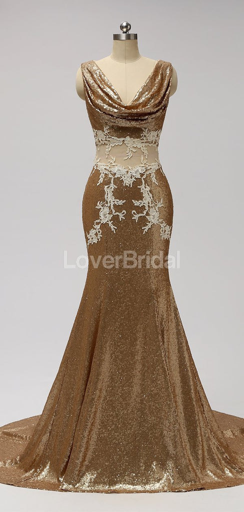 V Neck See Through Gold Sequin Mermaid Cheap Bridesmaid Dresses Online, WG599