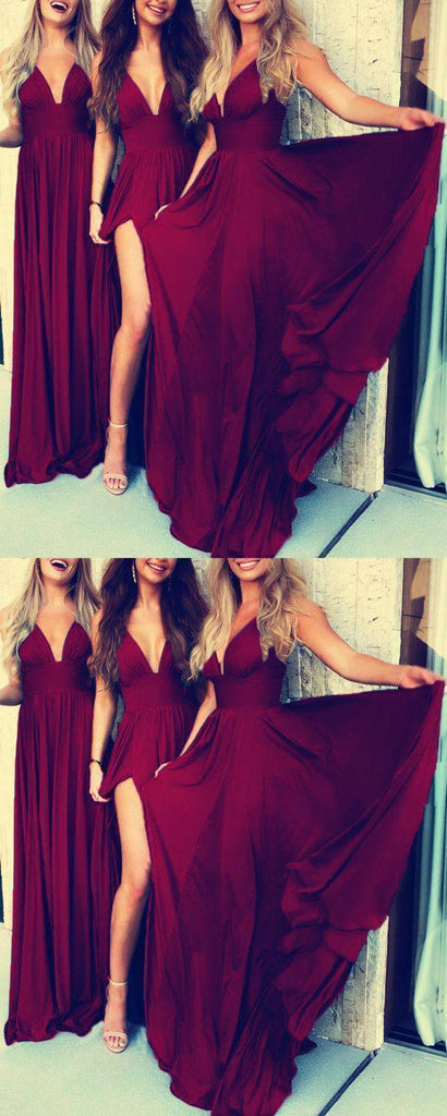 V Neck Side Slit Cheap Long Bridesmaid Dresses Online, WG292