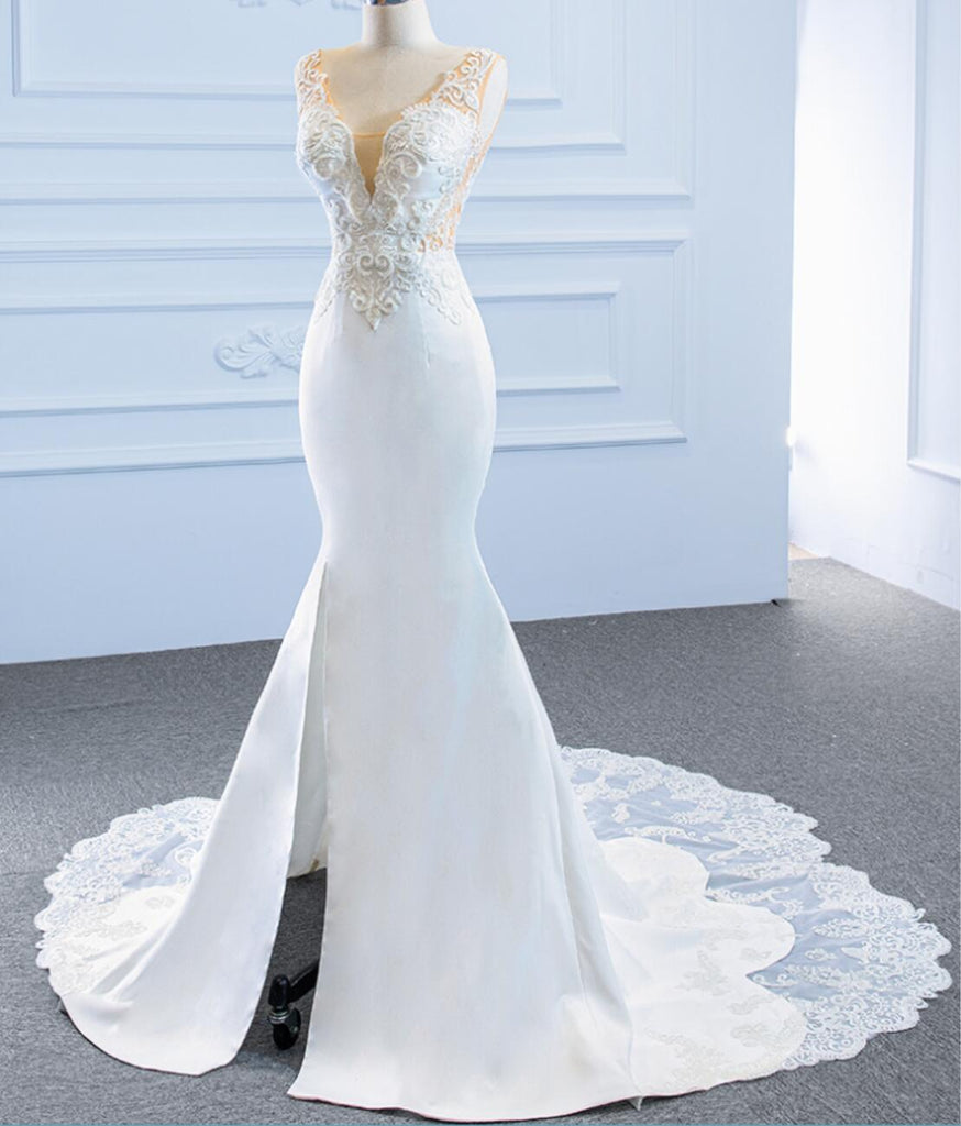 V Neck Side Slit Lace Mermaid Wedding Dresses, Cheap Wedding Gown, WD723