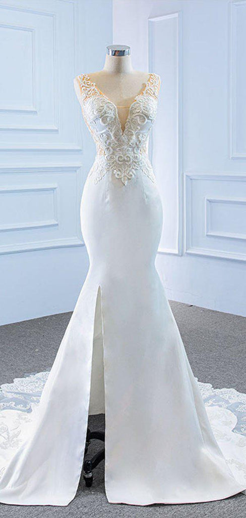 V Neck Side Slit Lace Mermaid Wedding Dresses, Cheap Wedding Gown, WD723