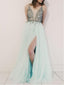 V Neck Side Slit Rhinestone Beaded Long Evening Prom Dresses, 17684