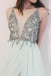 V Neck Side Slit Rhinestone Beaded Long Evening Prom Dresses, 17684