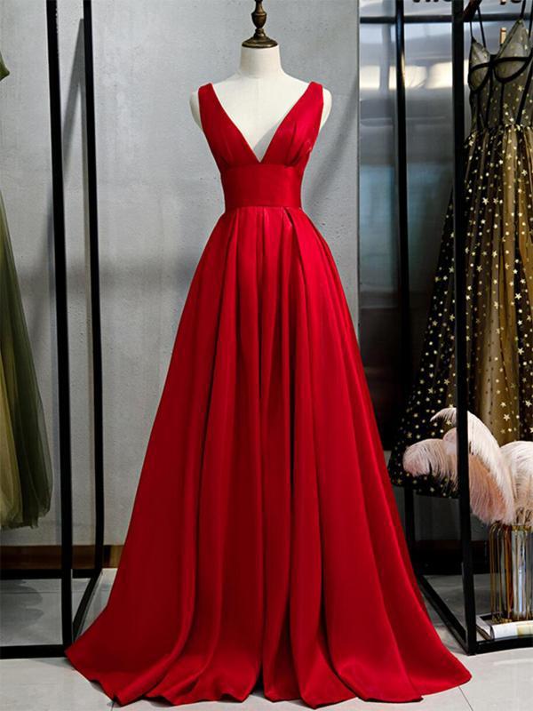 V Neck Simple Red A-line Long Evening Prom Dresses, Evening Party Prom Dresses, 12332