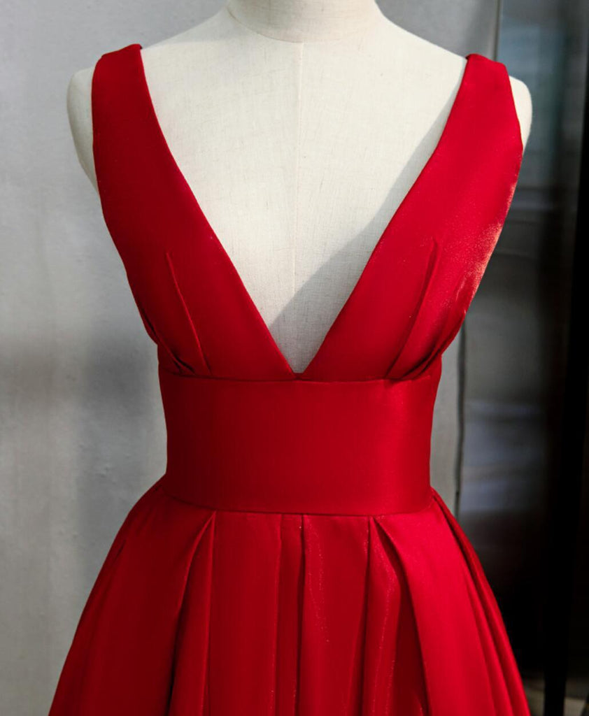 V Neck Simple Red A-line Long Evening Prom Dresses, Evening Party Prom Dresses, 12332