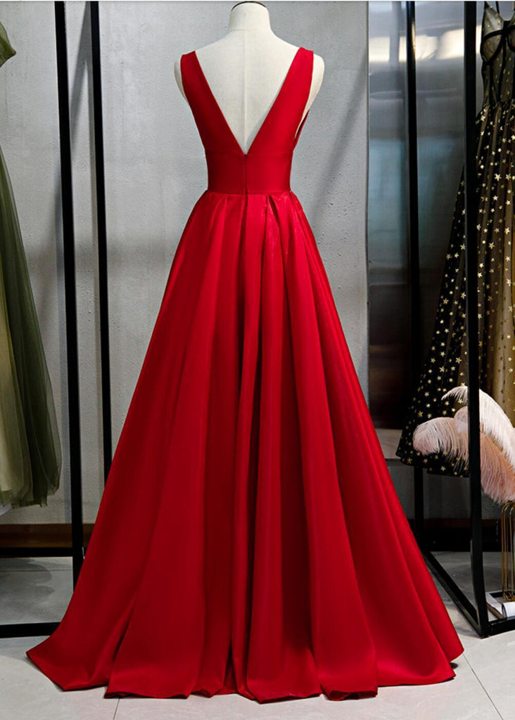 V Neck Simple Red A-line Long Evening Prom Dresses, Evening Party Prom Dresses, 12332