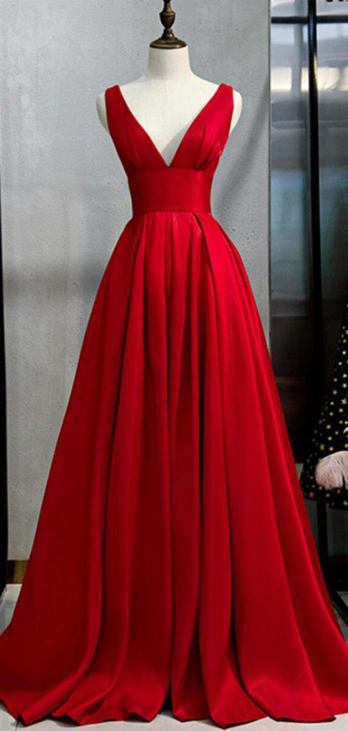 V Neck Simple Red A-line Long Evening Prom Dresses, Evening Party Prom Dresses, 12332