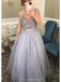 V Neck Spaghetti Straps Grey Beaded Cheap Evening Prom Dresses, Evening Party Prom Dresses, 12168