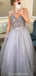 V Neck Spaghetti Straps Grey Beaded Cheap Evening Prom Dresses, Evening Party Prom Dresses, 12168