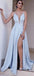 V Neck Spaghetti Straps Side Slit Blue Mermaid Long Evening Prom Dresses, 17507