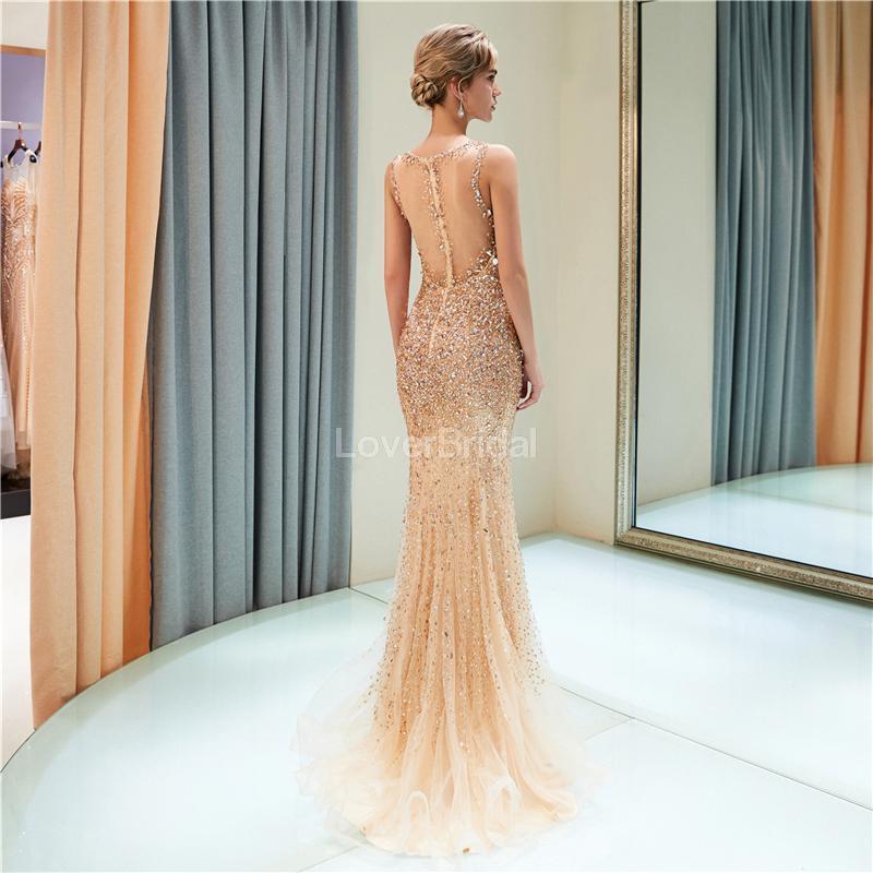 V Neck Sparkly Gold Rhinestone Beaded Mermaid Evening Prom Dresses, Evening Party Prom Dresses, 12035