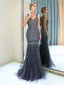 V Neck Sparkly Navy Rhinestone Beaded Mermaid Evening Prom Dresses, Evening Party Prom Dresses, 12037