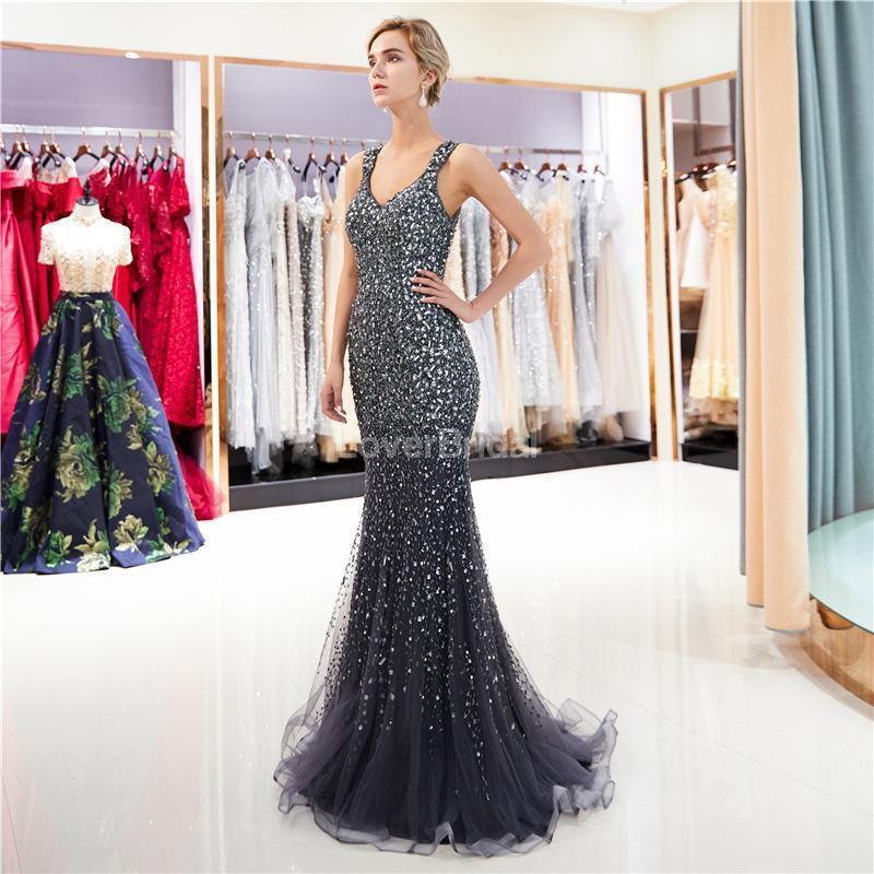 V Neck Sparkly Navy Rhinestone Beaded Mermaid Evening Prom Dresses, Evening Party Prom Dresses, 12037