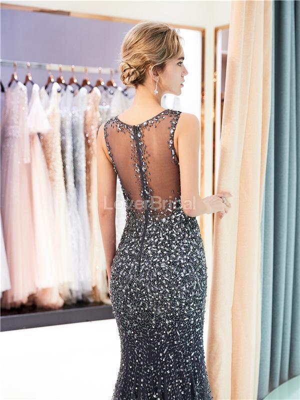 V Neck Sparkly Navy Rhinestone Beaded Mermaid Evening Prom Dresses, Evening Party Prom Dresses, 12037