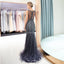 V Neck Sparkly Navy Rhinestone Beaded Mermaid Evening Prom Dresses, Evening Party Prom Dresses, 12037