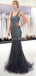 V Neck Sparkly Navy Rhinestone Beaded Mermaid Evening Prom Dresses, Evening Party Prom Dresses, 12037