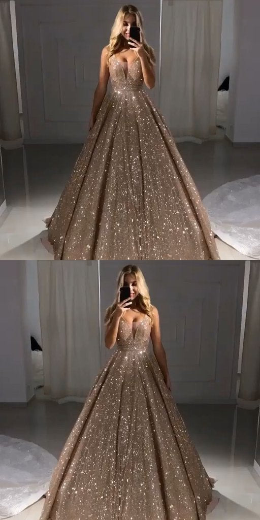V Neck Sparkly Sequin A-line Long Evening Prom Dresses With Pockets, Cheap Custom Party Prom Dresses, 18606