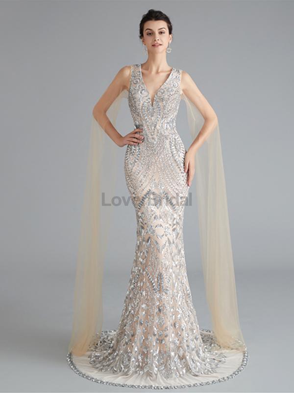 V Neck Unique Sleeves Mermaid Sequin Evening Prom Dresses, Evening Party Prom Dresses, 12118