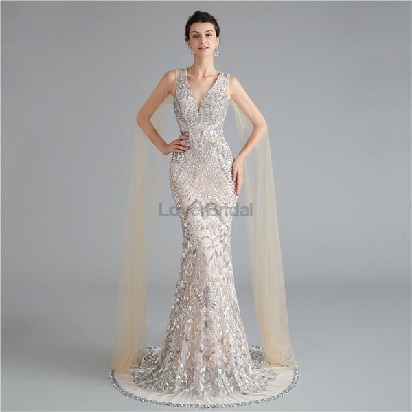 V Neck Unique Sleeves Mermaid Sequin Evening Prom Dresses, Evening Party Prom Dresses, 12118