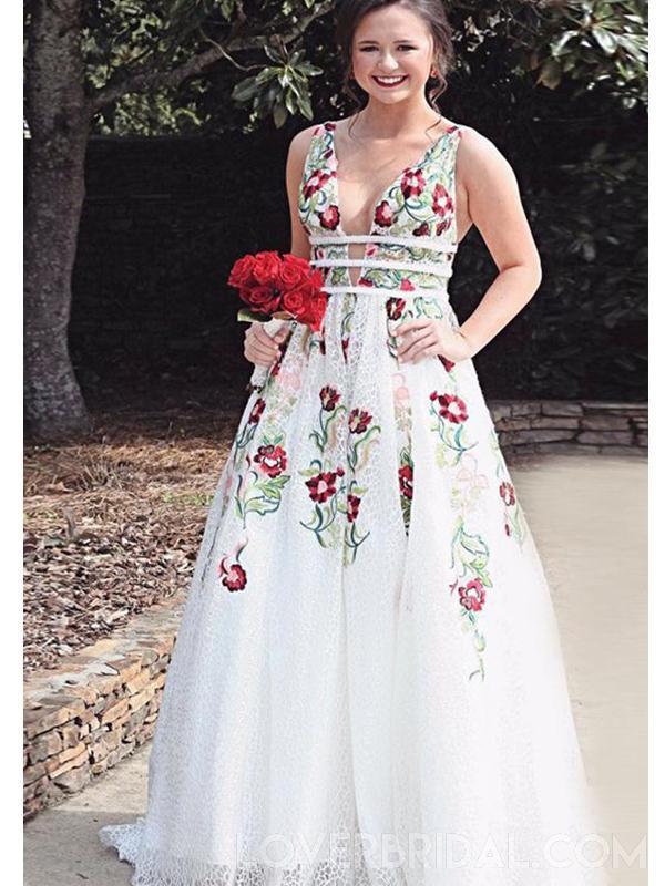 V Neck White Embroidery Long Evening Prom Dresses, Cheap Custom Sweet 16 Dresses, 18458