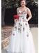 V Neck White Embroidery Long Evening Prom Dresses, Cheap Custom Sweet 16 Dresses, 18458