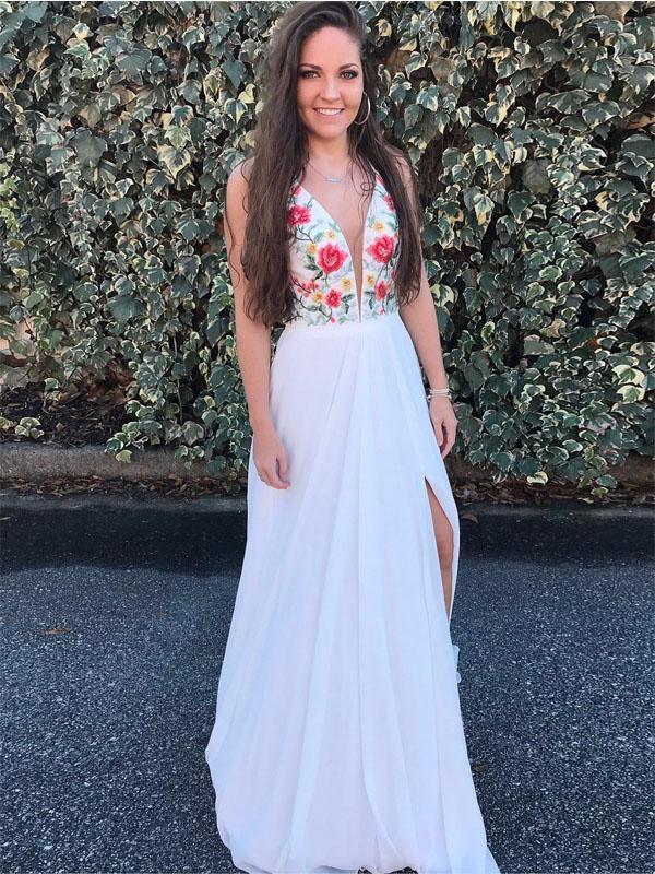 V Neck White Embroidery Side Slit Long Evening Prom Dresses, Cheap Sweet 16 Dresses, 18383