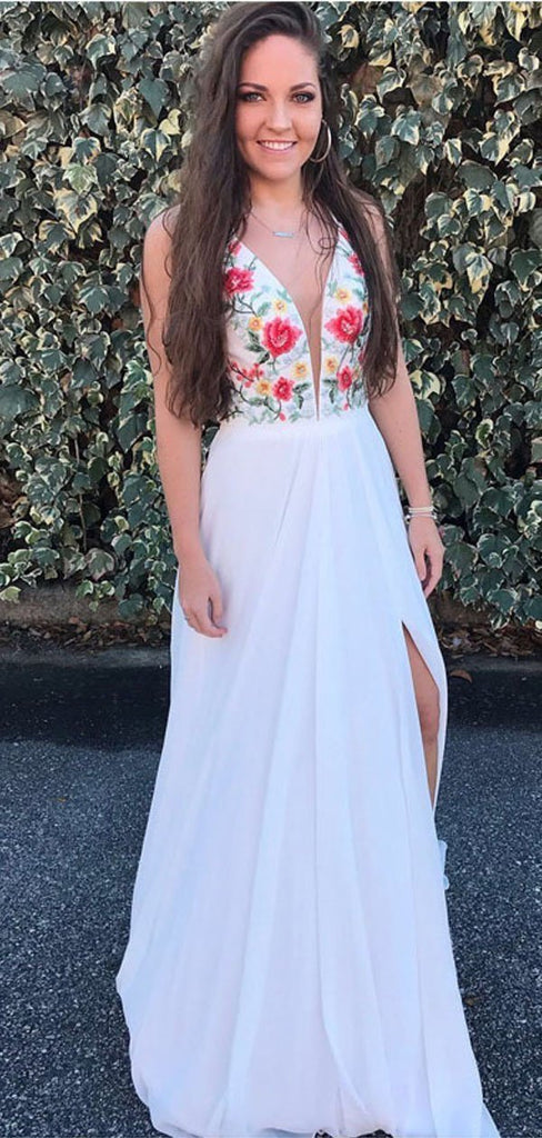 V Neck White Embroidery Side Slit Long Evening Prom Dresses, Cheap Sweet 16 Dresses, 18383