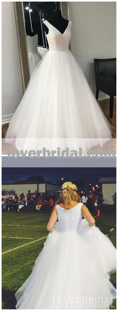 V Neck White Rhinestone Cheap A-line Custom Wedding Dresses Online, WD348