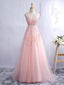 V Neckline Blush Pink Lace A line Tulle Evening Prom Dresses, A line Quinceanera Prom Dresses, Custom Long Prom Dresses, Cheap Formal Prom Dresses, 17140