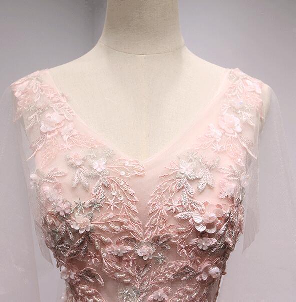 V Neckline Peach Lace Evening Prom Dresses, Popular Lace Party Prom Dresses, Custom Long Prom Dresses, Cheap Formal Prom Dresses, 17188