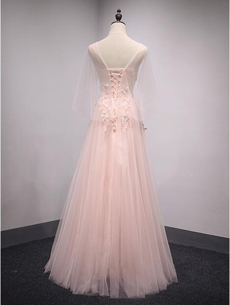 V Neckline Peach Lace Evening Prom Dresses, Popular Lace Party Prom Dresses, Custom Long Prom Dresses, Cheap Formal Prom Dresses, 17188