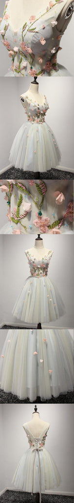 V Neckline Short Tulle Homecoming Prom Dresses,  Flower Short Party Prom Dresses, Perfect Homecoming Dresses, CM206