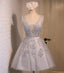 V Neckline Two Straps Grey Lace Beaded Homecoming Prom Dresses, Affordable Short Party Prom Dresses, Perfect Homecoming Dresses, CM288