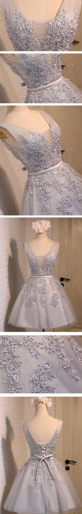 V Neckline Two Straps Grey Lace Beaded Homecoming Prom Dresses, Affordable Short Party Prom Dresses, Perfect Homecoming Dresses, CM288