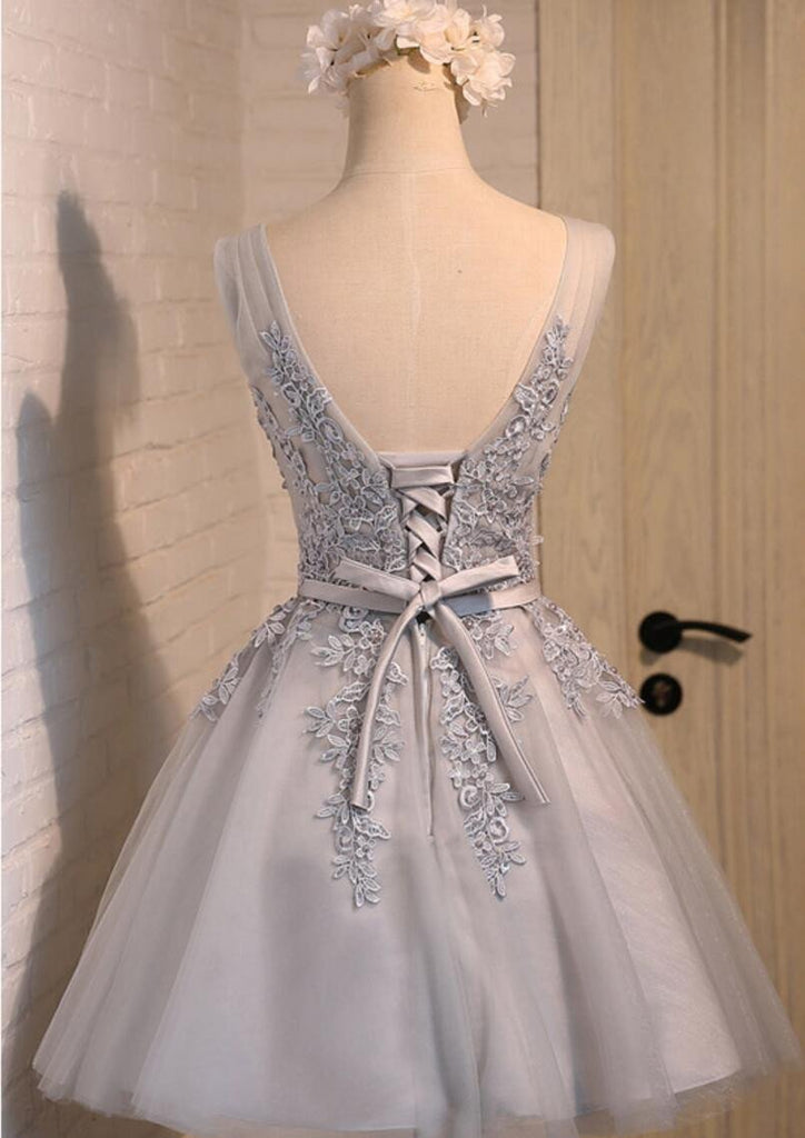 V Neckline Two Straps Grey Lace Beaded Homecoming Prom Dresses, Affordable Short Party Prom Dresses, Perfect Homecoming Dresses, CM288