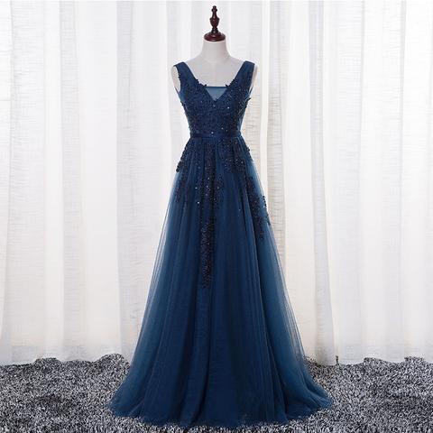 V Neckline Two Straps Lace Beaded Long Evening Prom Dresses, Popular Cheap Long Party Prom Dresses, 17306