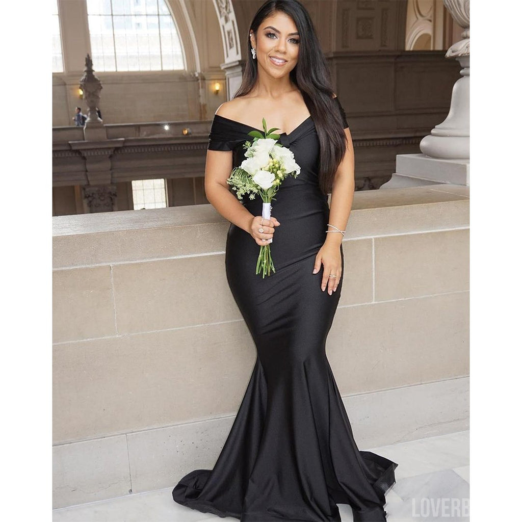 Vintage Mermaid Black Off the Shoulder V-neck Long Bridesmaid Dresses Gown Online, WG874