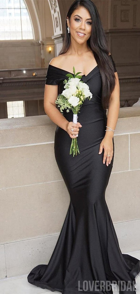 Vintage Mermaid Black Off the Shoulder V-neck Long Bridesmaid Dresses Gown Online, WG874