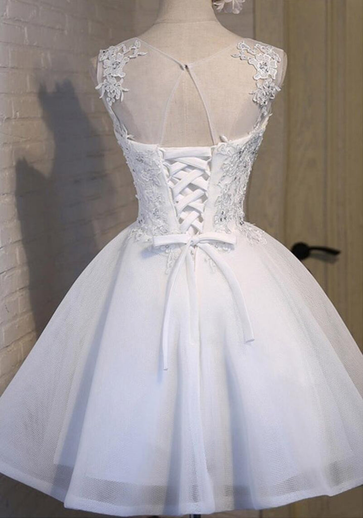 White Lace Open Back Sexy Homecoming Prom Dresses, Affordable Short Party Prom Dresses, Perfect Homecoming Dresses, CM281