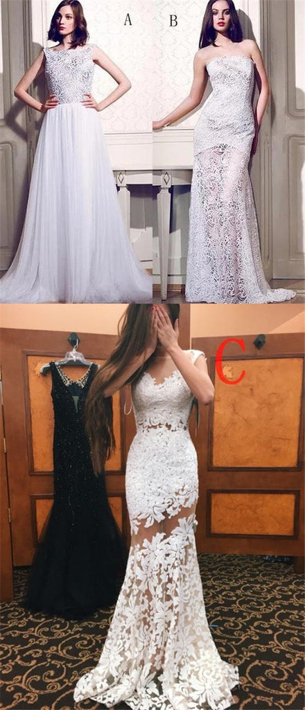 White Lace Two Styles Unique Formal A Line Cheap Evening Party Long Prom Dresses, PD0203