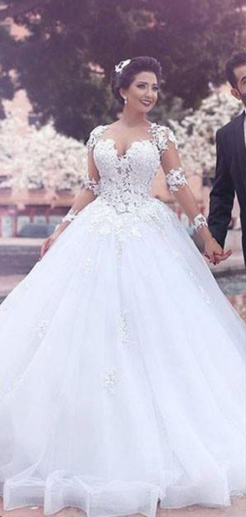 White See Through Off Shoulder Long Sleeves Lace A-line Wedding Dresses Online, WD410