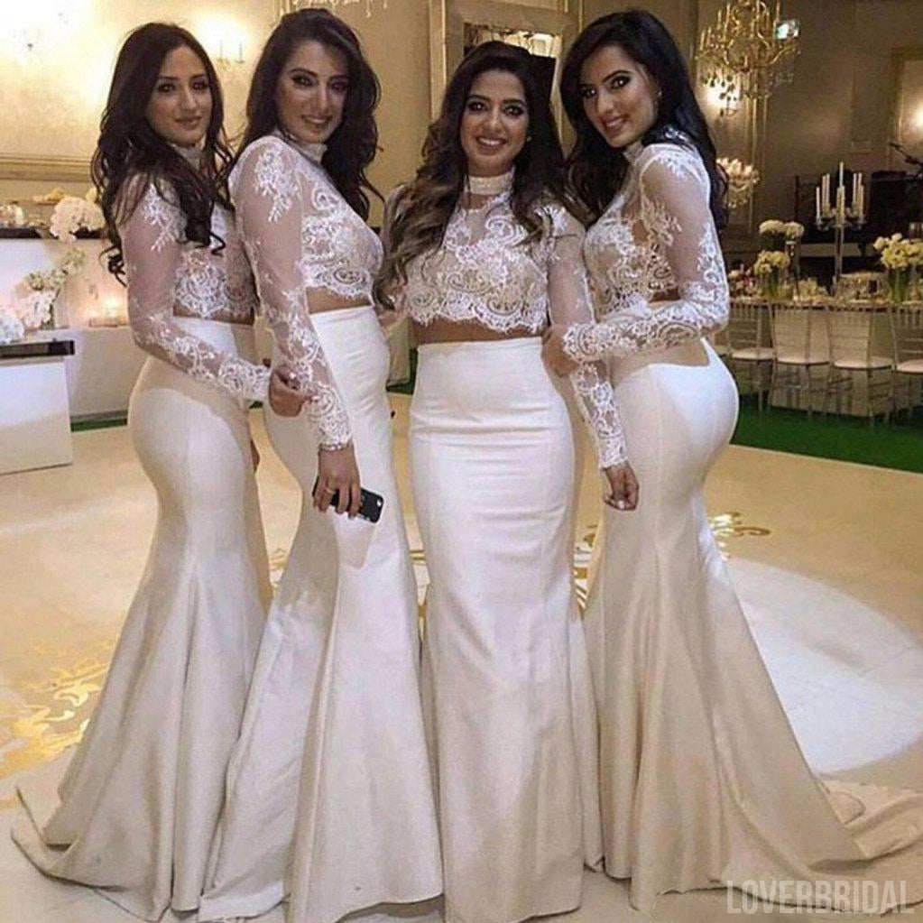 White Two Pieces Long Sleeves Lace Mermaid Cheap Long Wedding Party Bridesmaid Dresses, WG305