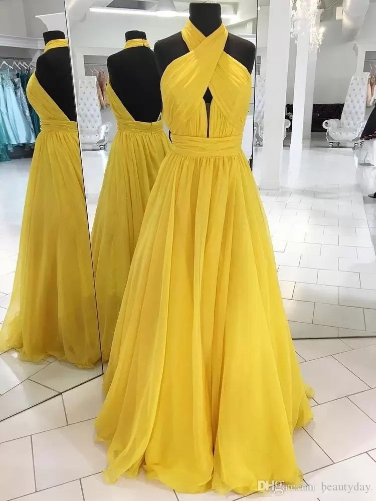 Yellow A-line Chiffon Halter Cheap Long Bridesmaid Dresses Online,WG1149